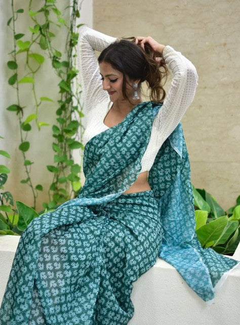 Women's Linen Floral Printed Saree With Unstitched Blouse - 5.5 Mtr (Teal Green)
