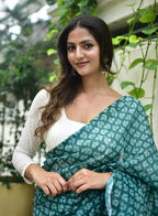 Women's Linen Floral Printed Saree With Unstitched Blouse - 5.5 Mtr (Teal Green)
