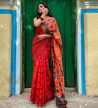 Women's Linen Floral Printed Saree With Unstitched Blouse - 5.5 Mtr (Red-Orange)