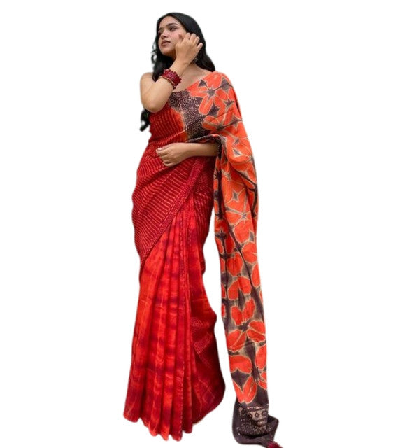 Women's Linen Floral Printed Saree With Unstitched Blouse - 5.5 Mtr (Red-Orange)