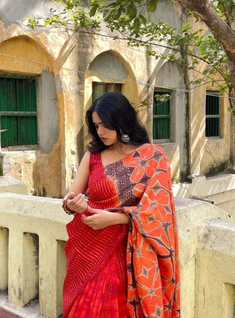 Women's Linen Floral Printed Saree With Unstitched Blouse - 5.5 Mtr (Red-Orange)