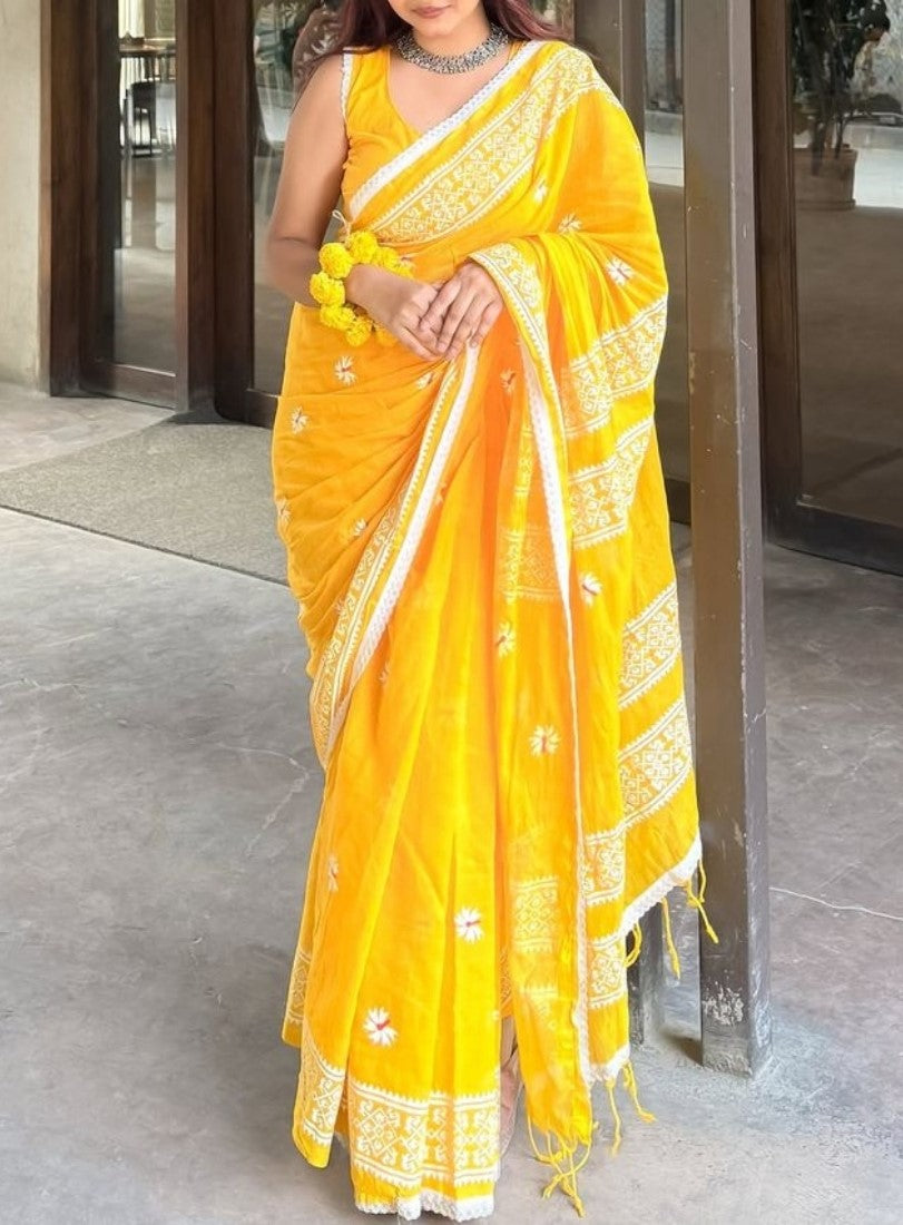 Women's Linen Floral Printed Saree With Unstitched Blouse - 5.5 Mtr (Yellow)