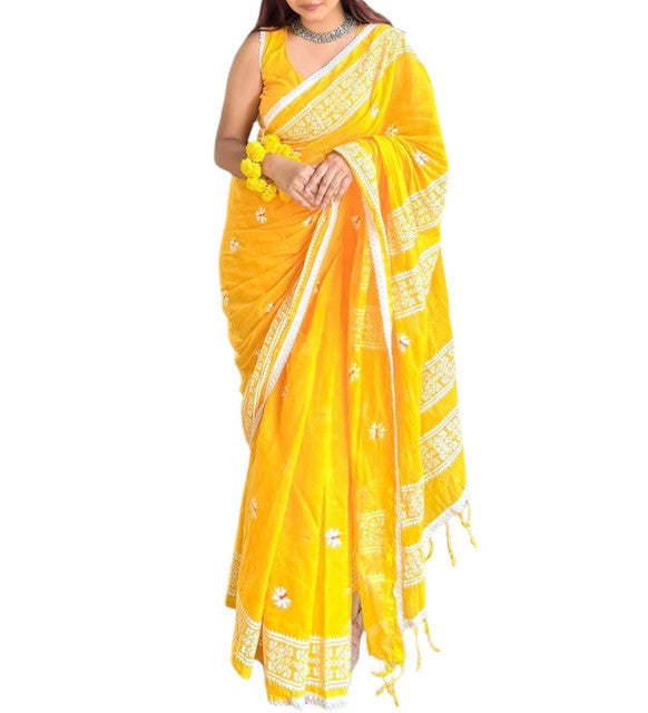 Women's Linen Floral Printed Saree With Unstitched Blouse - 5.5 Mtr (Yellow)