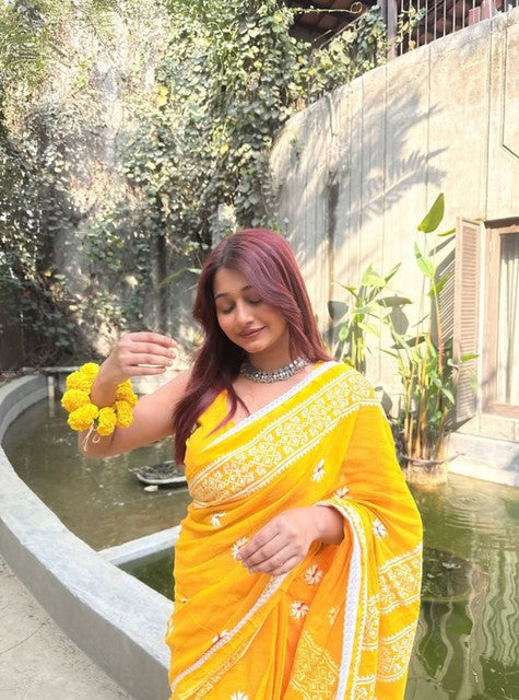Women's Linen Floral Printed Saree With Unstitched Blouse - 5.5 Mtr (Yellow)