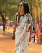 Women's Linen Kalamkari Printed Saree With Unstitched Blouse - 5.5 Mtr (White-Black)