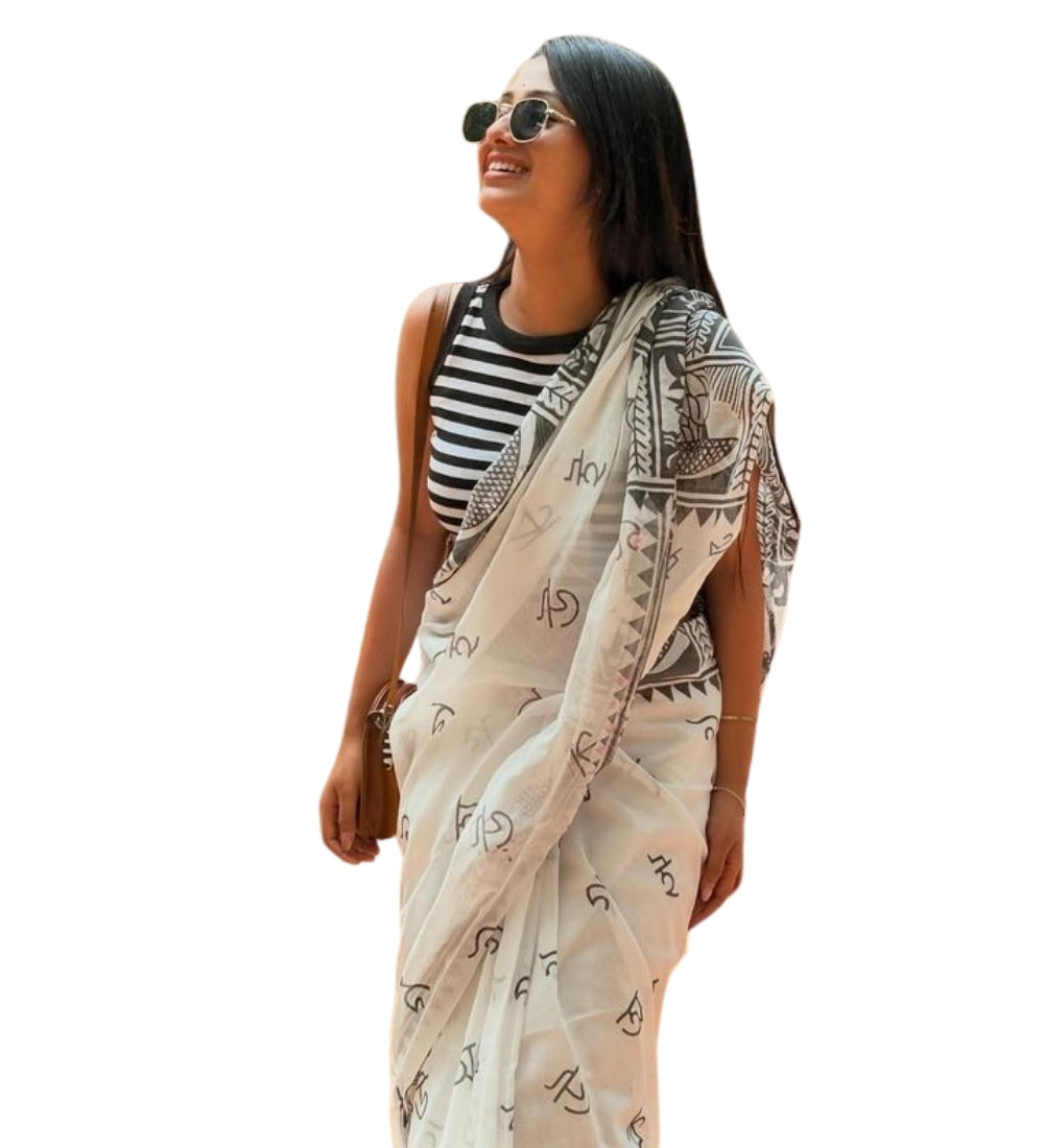 Women's Linen Kalamkari Printed Saree With Unstitched Blouse - 5.5 Mtr (White-Black)
