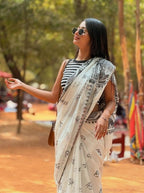 Women's Linen Kalamkari Printed Saree With Unstitched Blouse - 5.5 Mtr (White-Black)
