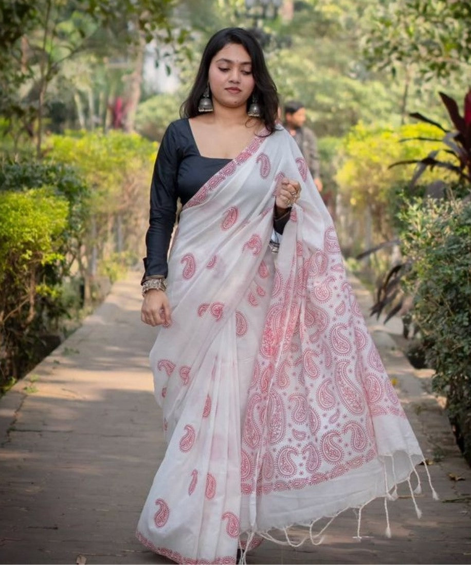 Women's Linen Paisley Printed Saree With Unstitched Blouse - 5.5 Mtr (White-Red)