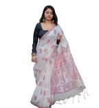 Women's Linen Paisley Printed Saree With Unstitched Blouse - 5.5 Mtr (White-Red)