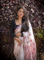 Women's Linen Paisley Printed Saree With Unstitched Blouse - 5.5 Mtr (White-Red)