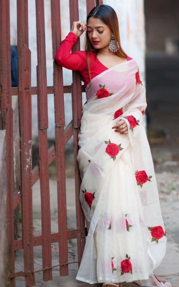 Women's Linen Floral Printed Saree With Unstitched Blouse - 5.5 Mtr (White-Red)