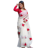 Women's Linen Floral Printed Saree With Unstitched Blouse - 5.5 Mtr (White-Red)