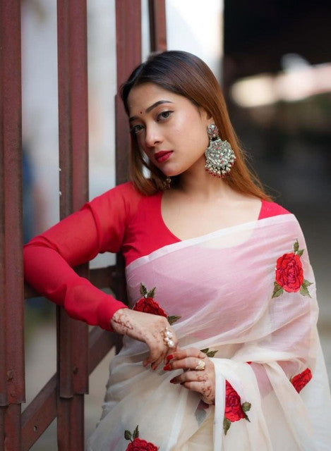 Women's Linen Floral Printed Saree With Unstitched Blouse - 5.5 Mtr (White-Red)