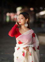 Women's Linen Floral Printed Saree With Unstitched Blouse - 5.5 Mtr (White-Red)
