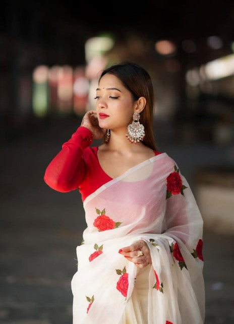 Women's Linen Floral Printed Saree With Unstitched Blouse - 5.5 Mtr (White-Red)