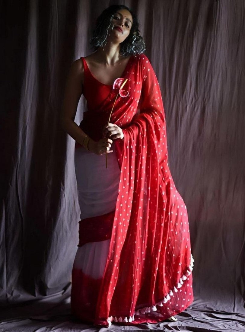 Women's Linen Printed Saree With Unstitched Blouse - 5.5 Mtr (White-Red)