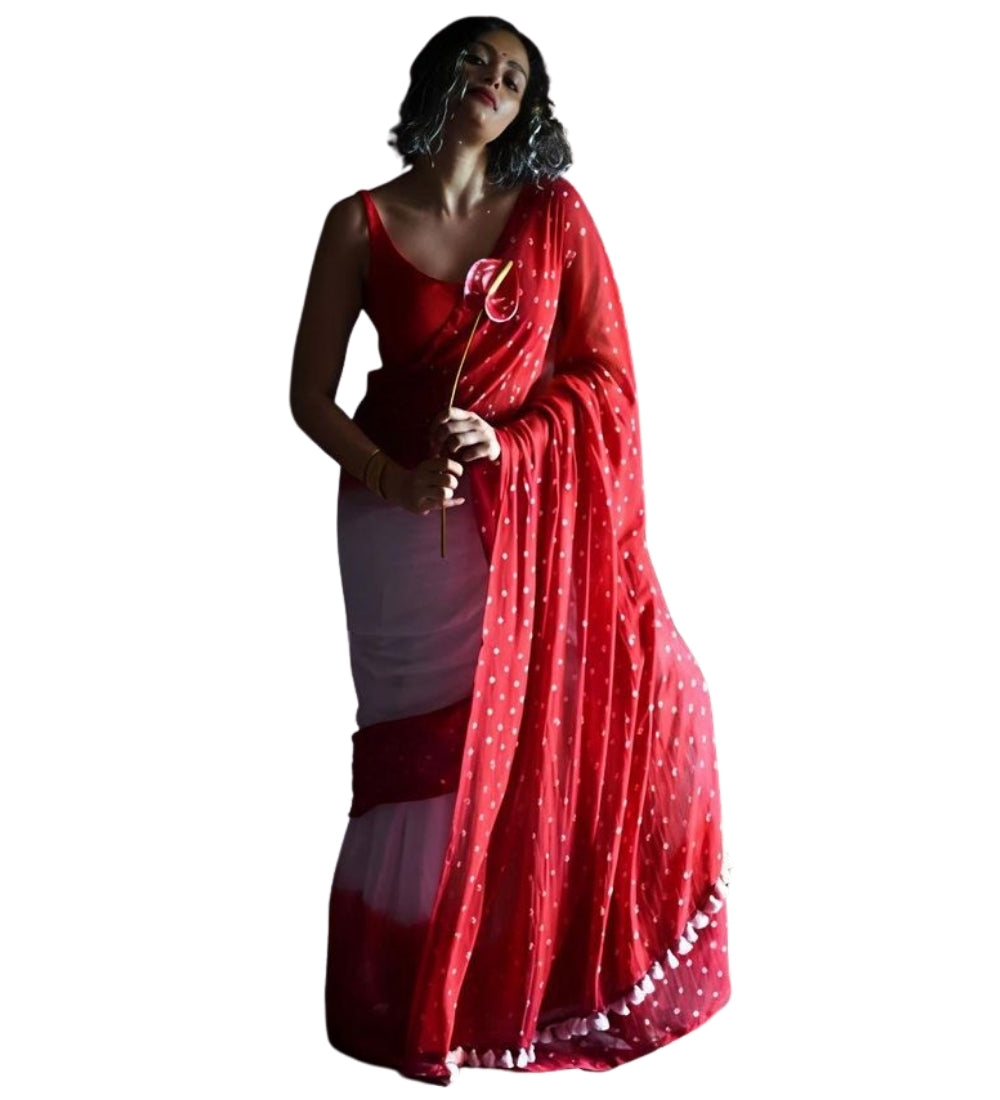 Women's Linen Printed Saree With Unstitched Blouse - 5.5 Mtr (White-Red)