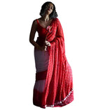 Women's Linen Printed Saree With Unstitched Blouse - 5.5 Mtr (White-Red)