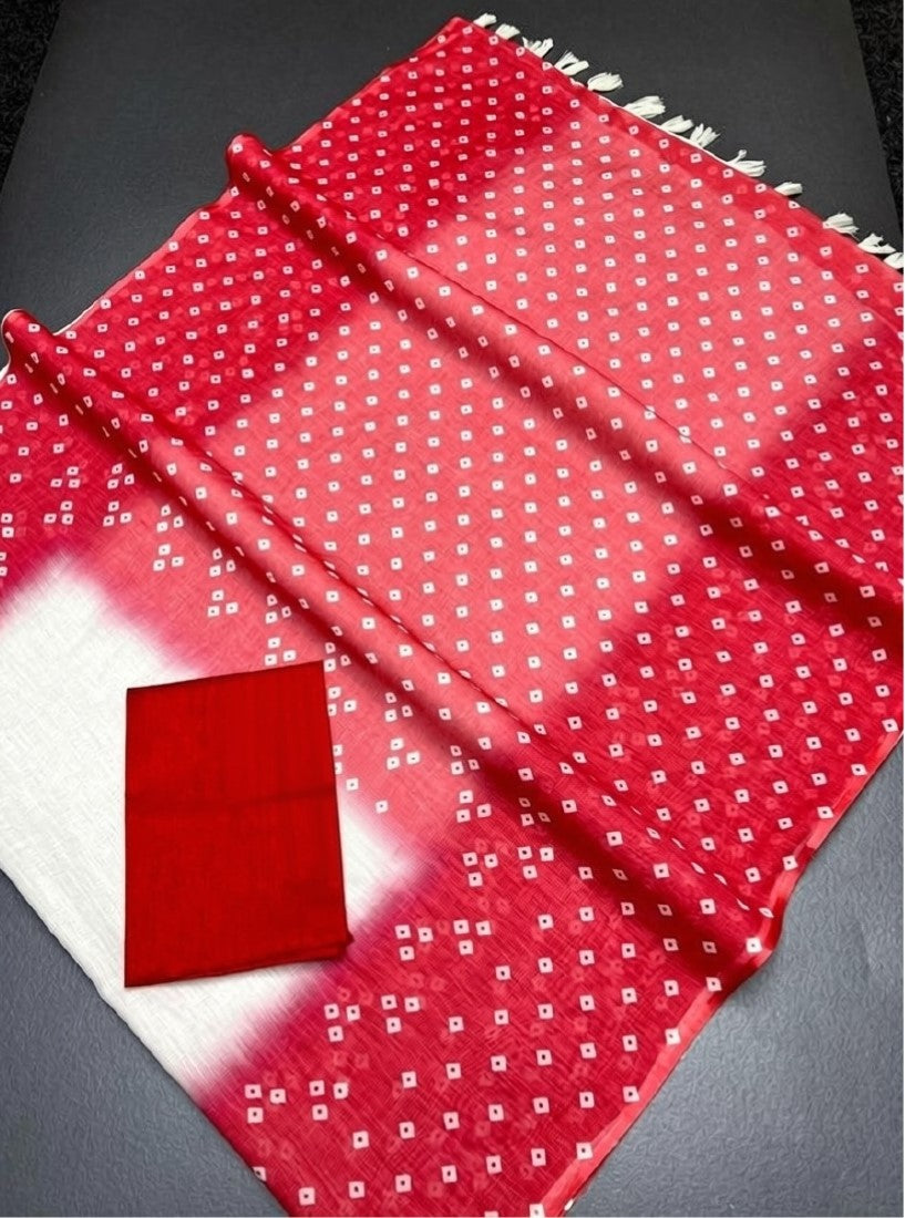 Women's Linen Printed Saree With Unstitched Blouse - 5.5 Mtr (White-Red)