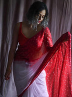 Women's Linen Printed Saree With Unstitched Blouse - 5.5 Mtr (White-Red)