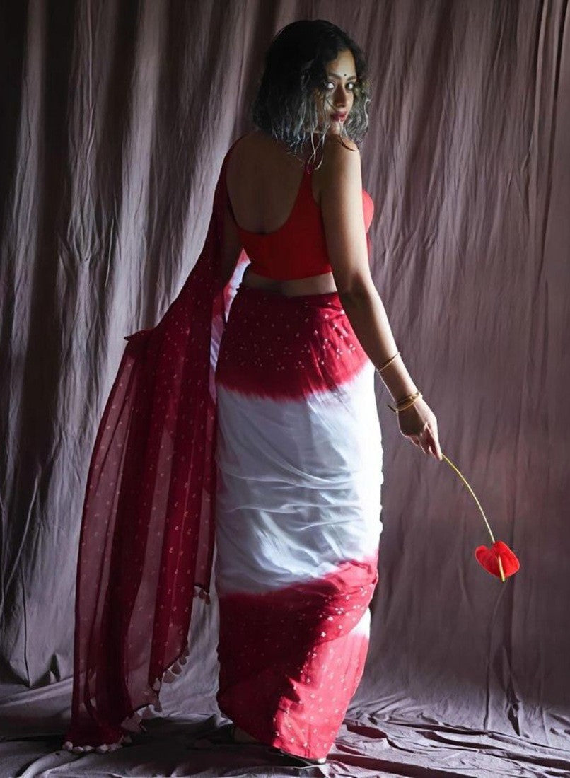 Women's Linen Printed Saree With Unstitched Blouse - 5.5 Mtr (White-Red)