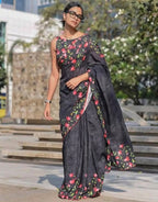 Women's Linen Floral Printed Saree With Unstitched Blouse - 5.5 Mtr (Black)