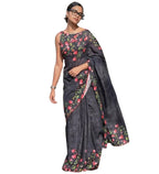 Women's Linen Floral Printed Saree With Unstitched Blouse - 5.5 Mtr (Black)