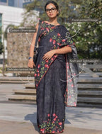 Women's Linen Floral Printed Saree With Unstitched Blouse - 5.5 Mtr (Black)