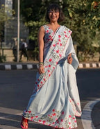 Women's Linen Floral Printed Saree With Unstitched Blouse - 5.5 Mtr (Grey)