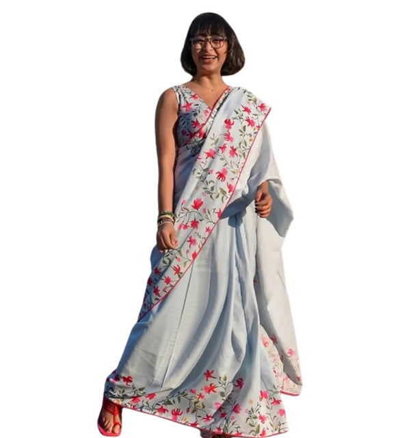 Women's Linen Floral Printed Saree With Unstitched Blouse - 5.5 Mtr (Grey)