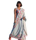 Women's Linen Floral Printed Saree With Unstitched Blouse - 5.5 Mtr (Grey)