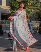 Women's Linen Floral Printed Saree With Unstitched Blouse - 5.5 Mtr (Grey)