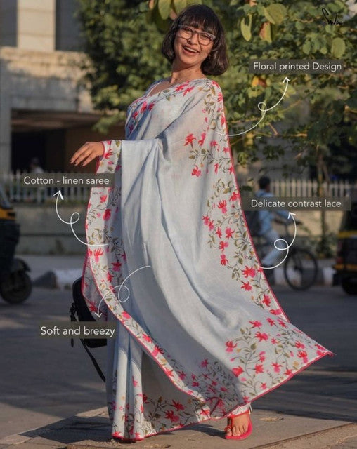 Women's Linen Floral Printed Saree With Unstitched Blouse - 5.5 Mtr (Grey)