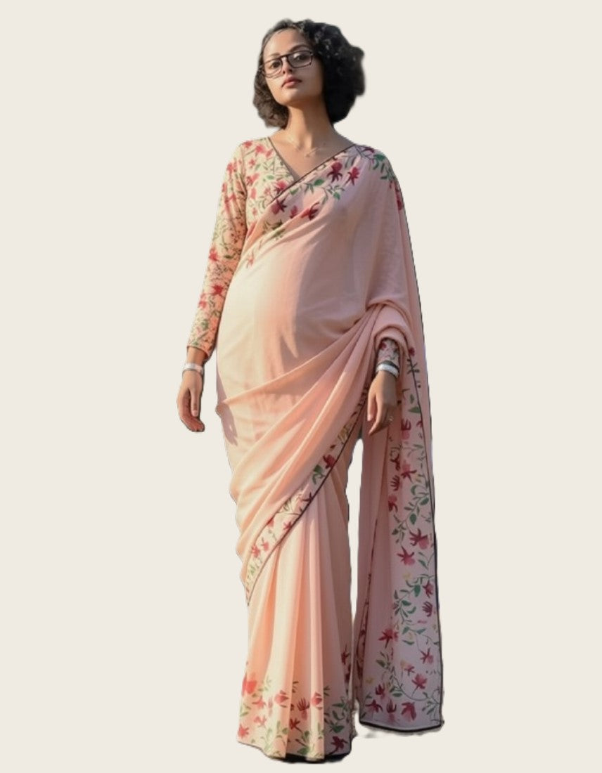 Women's Linen Floral Printed Saree With Unstitched Blouse - 5.5 Mtr (Peach)