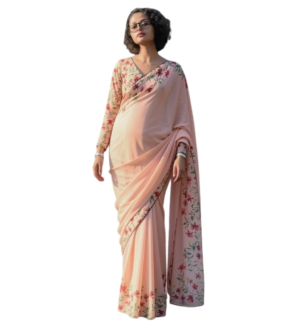 Women's Linen Floral Printed Saree With Unstitched Blouse - 5.5 Mtr (Peach)