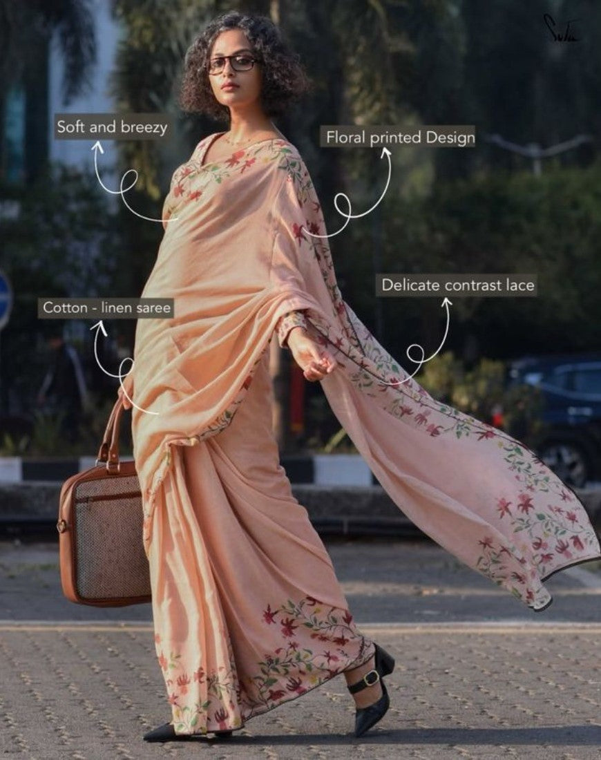 Women's Linen Floral Printed Saree With Unstitched Blouse - 5.5 Mtr (Peach)