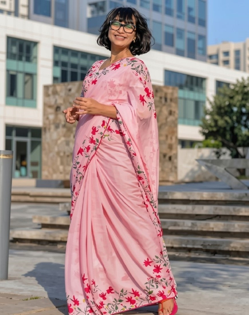 Women's Linen Floral Printed Saree With Unstitched Blouse - 5.5 Mtr (Pink)