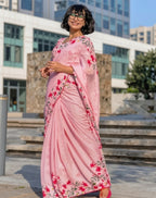 Women's Linen Floral Printed Saree With Unstitched Blouse - 5.5 Mtr (Pink)