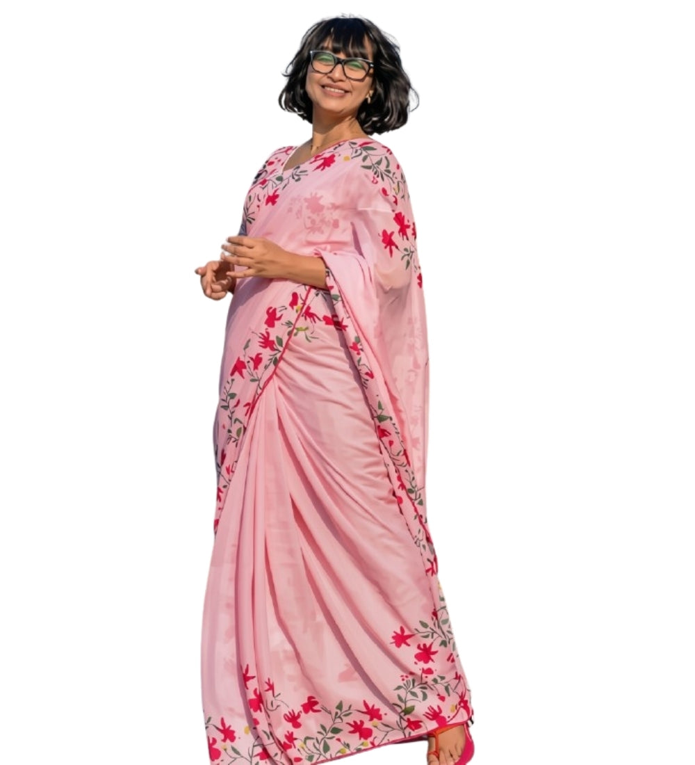 Women's Linen Floral Printed Saree With Unstitched Blouse - 5.5 Mtr (Pink)