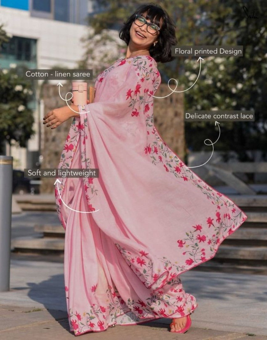 Women's Linen Floral Printed Saree With Unstitched Blouse - 5.5 Mtr (Pink)