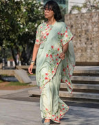 Women's Linen Floral Printed Saree With Unstitched Blouse - 5.5 Mtr (Light Green)