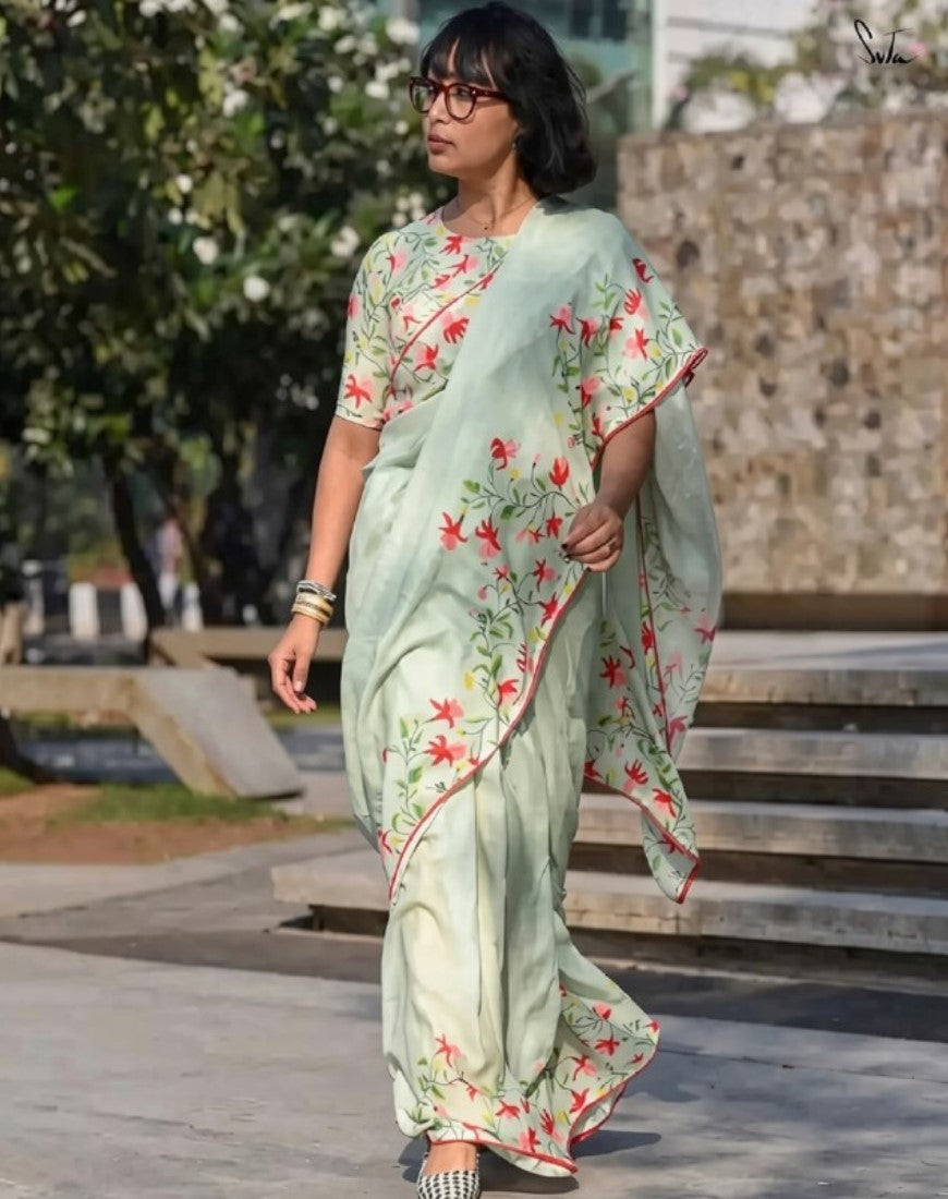 Women's Linen Floral Printed Saree With Unstitched Blouse - 5.5 Mtr (Light Green)
