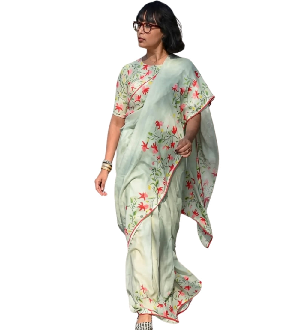 Women's Linen Floral Printed Saree With Unstitched Blouse - 5.5 Mtr (Light Green)