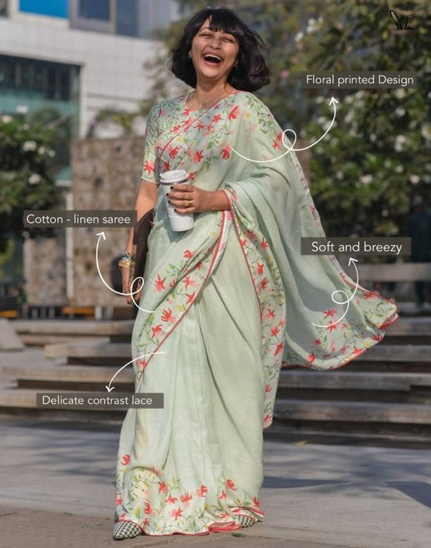 Women's Linen Floral Printed Saree With Unstitched Blouse - 5.5 Mtr (Light Green)