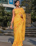 Women's Linen Floral Printed Saree With Unstitched Blouse - 5.5 Mtr (Yellow)