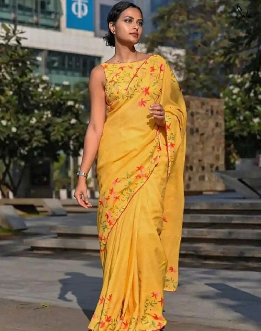 Women's Linen Floral Printed Saree With Unstitched Blouse - 5.5 Mtr (Yellow)