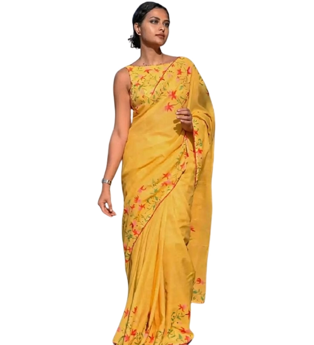 Women's Linen Floral Printed Saree With Unstitched Blouse - 5.5 Mtr (Yellow)