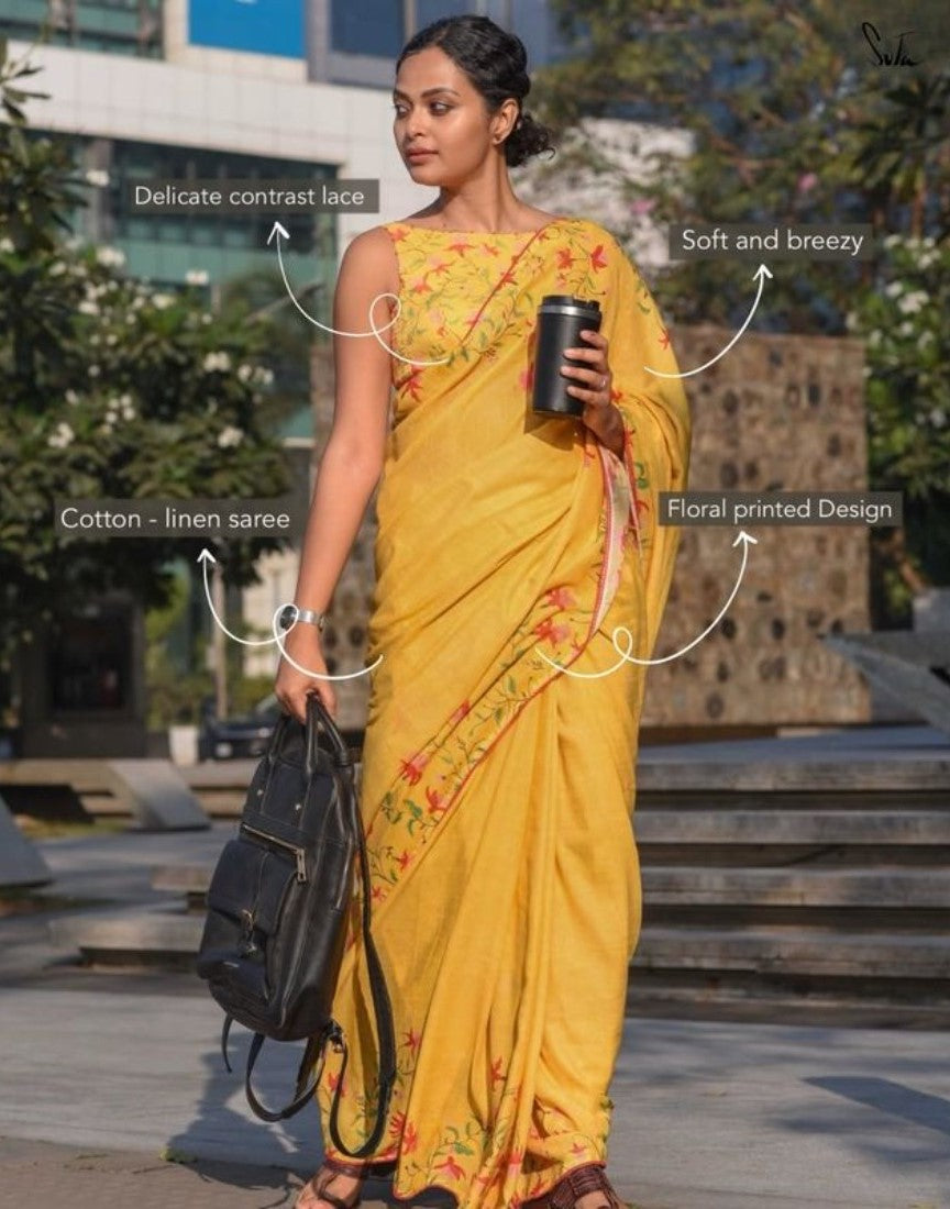 Women's Linen Floral Printed Saree With Unstitched Blouse - 5.5 Mtr (Yellow)
