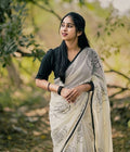 Women's Linen Floral Printed Saree With Unstitched Blouse - 5.5 Mtr (White-Black)