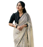 Women's Linen Floral Printed Saree With Unstitched Blouse - 5.5 Mtr (White-Black)